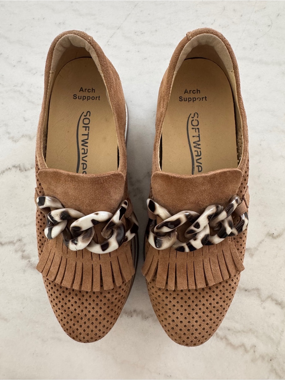 Softwaves Women’s Tan Suede Fringe Loafers with Tortoiseshell Chain